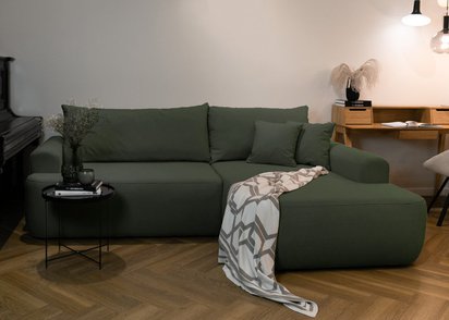 Ovo L-shaped corner sofa with sleeping function with a container in easy-to-clean fabric