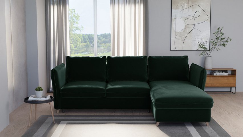 Corner sofa with sleeping function Bastimento L-shaped with storage universal dark green hydrophobic velvet