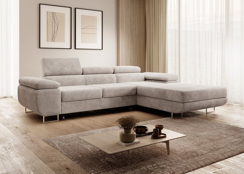 Ganta L-shaped corner sofa with sleeping function with Poso 100 container, right-hand corduroy