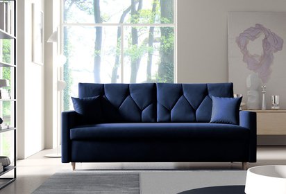 Zorra sofa bed with bedding container, navy blue velvet