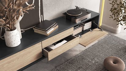 Moddern TV cabinet 180 cm with drawers and hanging option, anthracite / oiled oak