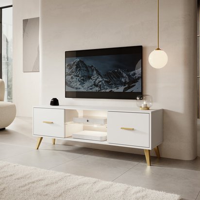 Savoni I TV cabinet, 140 cm, white with gold legs and handles