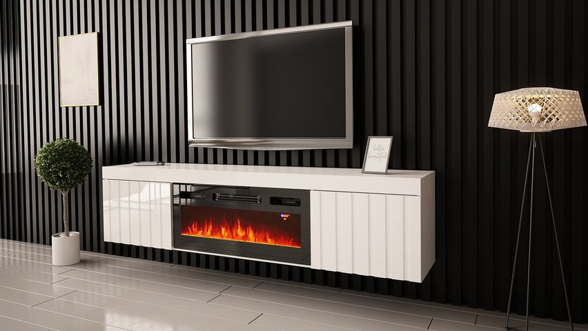 Kalva TV cabinet 180 cm with electric fireplace, white gloss, lamellas