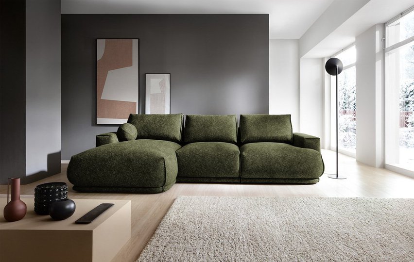 Divo L-shaped corner sofa with sleeping function, dark green, hydrophobic braid, left-hand side