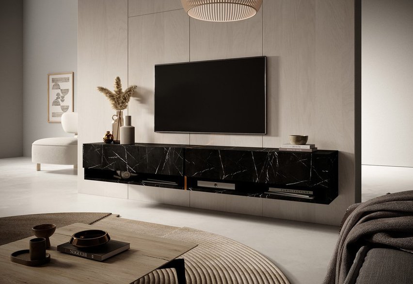 Mirrgo TV cabinet, 200 cm, black marble with gold insert