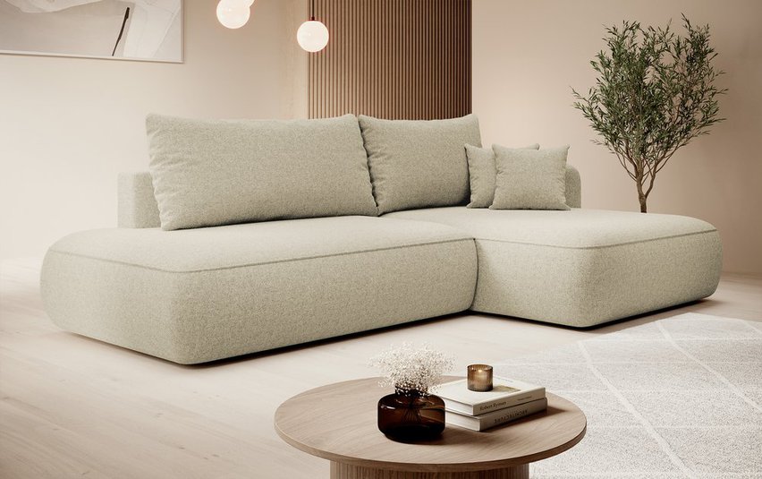 Foggi Melody 13 L-shaped corner sofa with sleeping function with right-hand chenille container