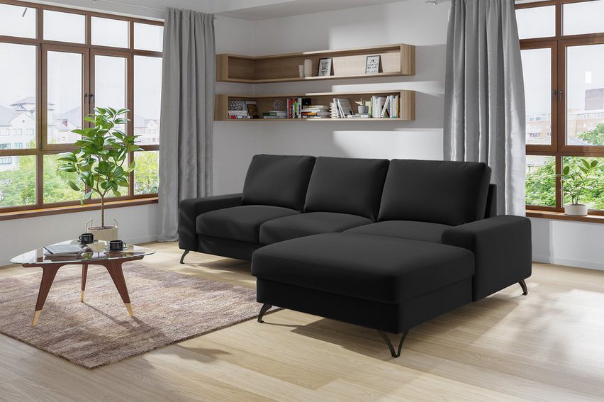 Corner sofa with sleeping function Bewello L-shaped with storage Matt Velvet 99 velour easy-cleaning hydrophobic right-sided