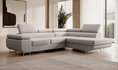 Stevil L-shaped corner sofa with sleeping function with Castel 04 container, easy-to-clean velvet, right-hand