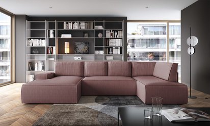 Corner sofa with sleeping function Farese New U-shaped with storage left side pink corduroy