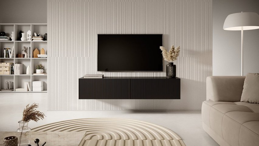 Veldio TV cabinet, 140 cm, black, with a milled front