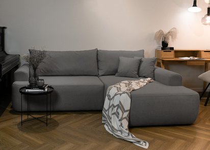 Ovo L-shaped corner sofa with sleeping function with a container in easy-to-clean fabric