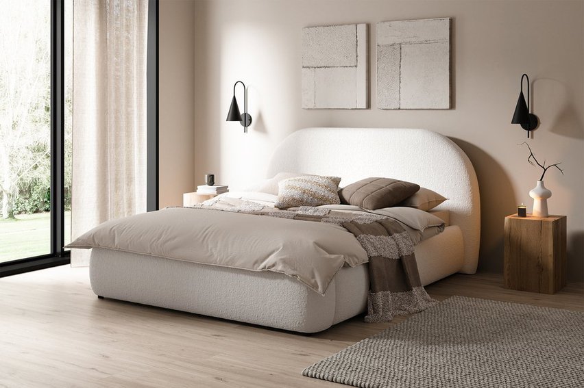 Upholstered bed 140x200 cm Ovo with storage Abriamo 04 metal frame boucle gas lift