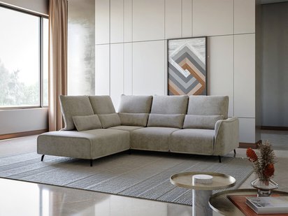 Canapé d'angle Rumbia en L avec fonction couchage, côté, pouf Storm 09, pieds noirs, à gauche