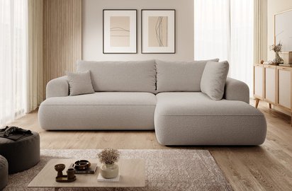 Ovo II L-shaped corner sofa with sleeping function Abriamo 02 with side panel and right-hand boucle container