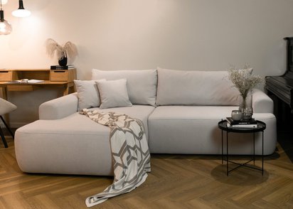 Ovo L-shaped corner sofa with sleeping function with a container in easy-to-clean fabric