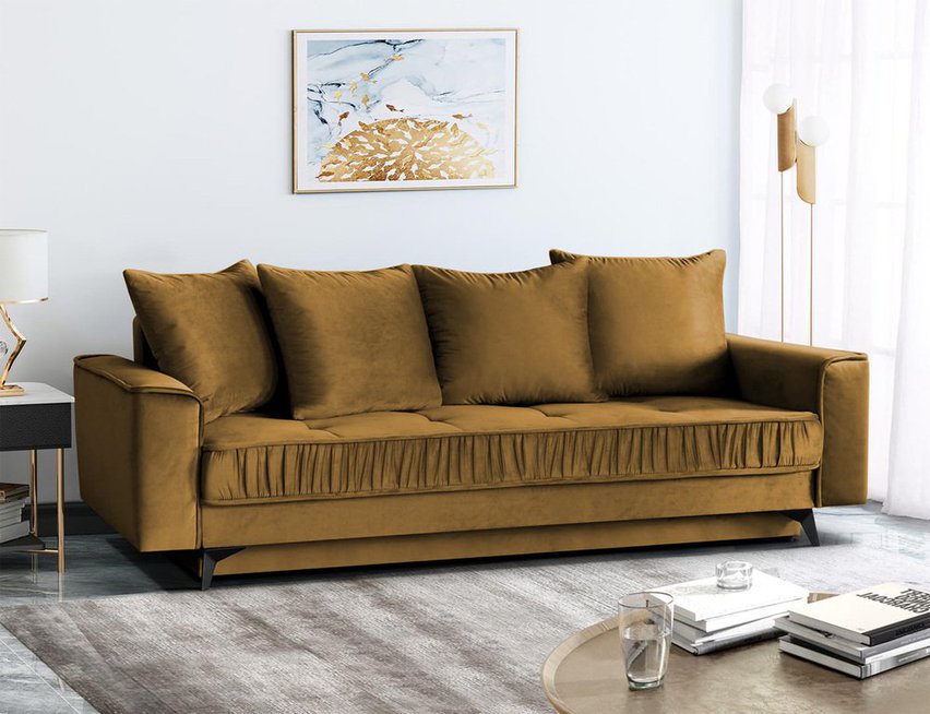 Elanja mustard three-seater sofa bed with velvet storage