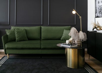 Volio three-seater sofa bed, olive velvet, hydrophobic, gold legs