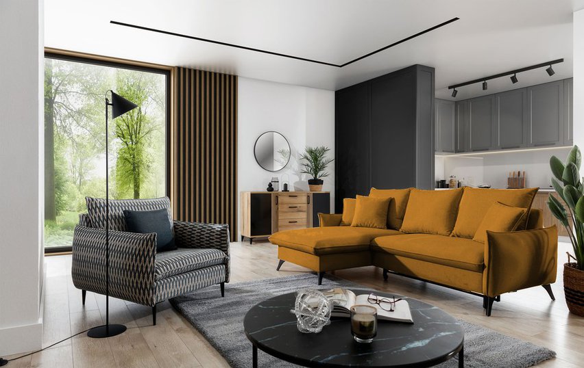 Corner sofa with sleeping function Cambiano L-shaped with a container mustard velvet hydrophobic left-hand side