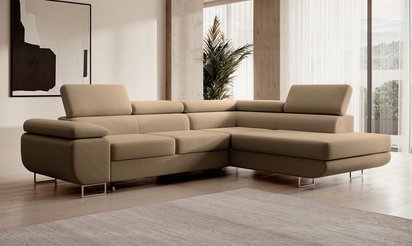 Stevil L-shaped corner sofa with sleeping function with Castel 15 container, easy-to-clean velvet, right-hand