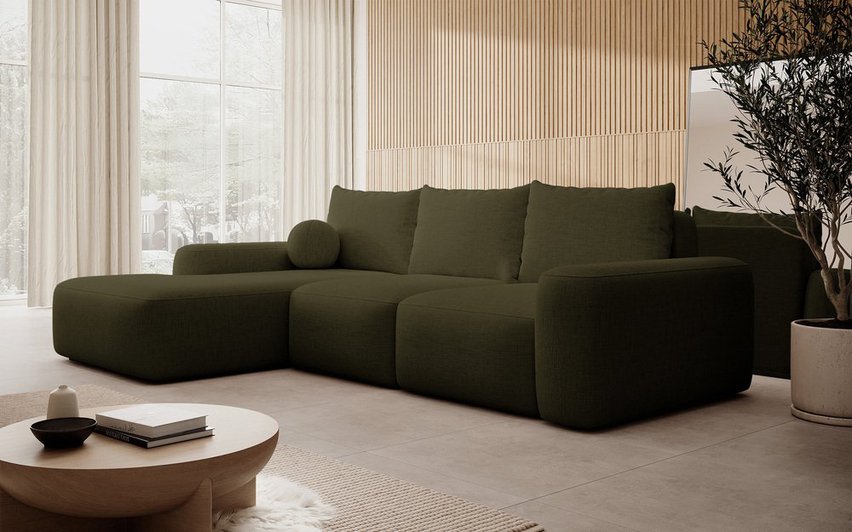 Carnos L-shaped corner sofa with sleeping function, ball, single Moly 38 cushions, left-handed hydrophobic chenille