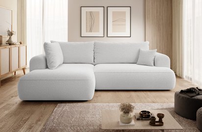 Ovo II L-shaped corner sofa with sleeping function Abriamo 05 with side panel and boucle container, left-hand