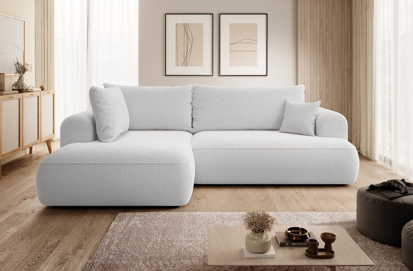 Ovo II L-shaped corner sofa with sleeping function Abriamo 05 with side panel and boucle container, left-hand