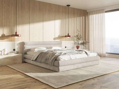 Upholstered bed 180x200 cm Alegre with bedding container light beige hydrophobic velvet easy to clean metal frame