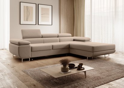 Ganta L-shaped corner sofa with sleeping function with Castel 15 container, easy-to-clean velvet, right-hand