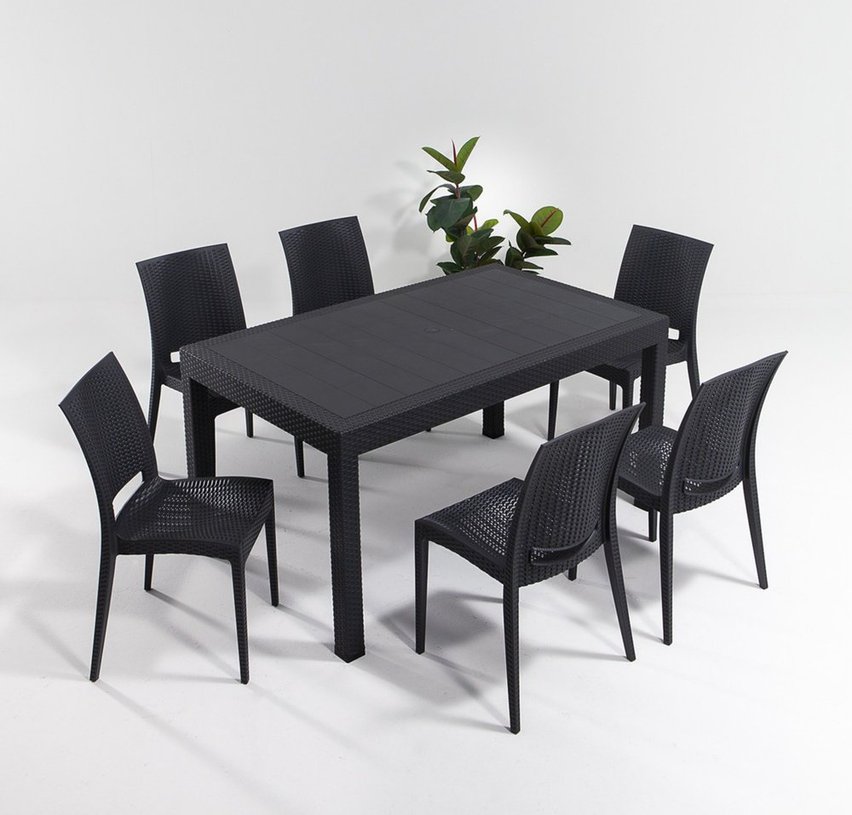 Valries garden set, six-seater table and chairs, anthracite technorattan