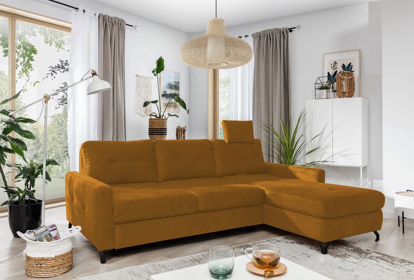 Buriano L-shaped corner sofa with sleeping function with container and adjustable headrest mustard hydrophobic velvet right-hand side