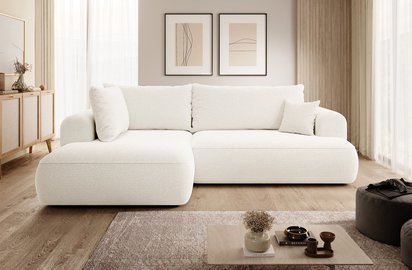 Ovo II L-shaped corner sofa with sleeping function Abriamo 04 with side panel and left-sided boucle container