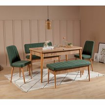 Elioused Table with Chairs x5 Pine/Green