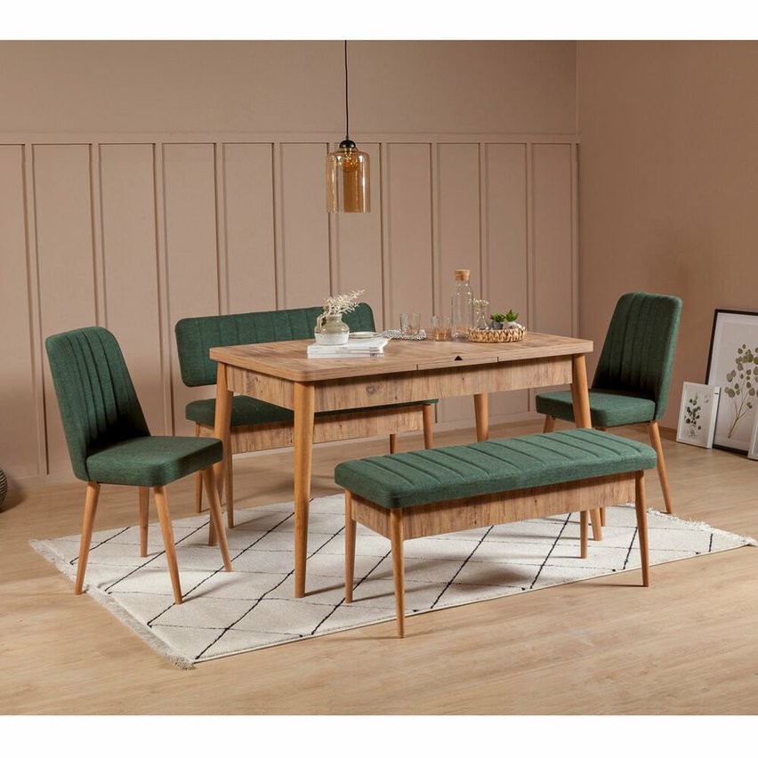 Elioused Table with Chairs x5 Pine/Green