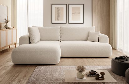 Ovo II L-shaped corner sofa with sleeping function Abriamo 03 with side panel and left-sided boucle container