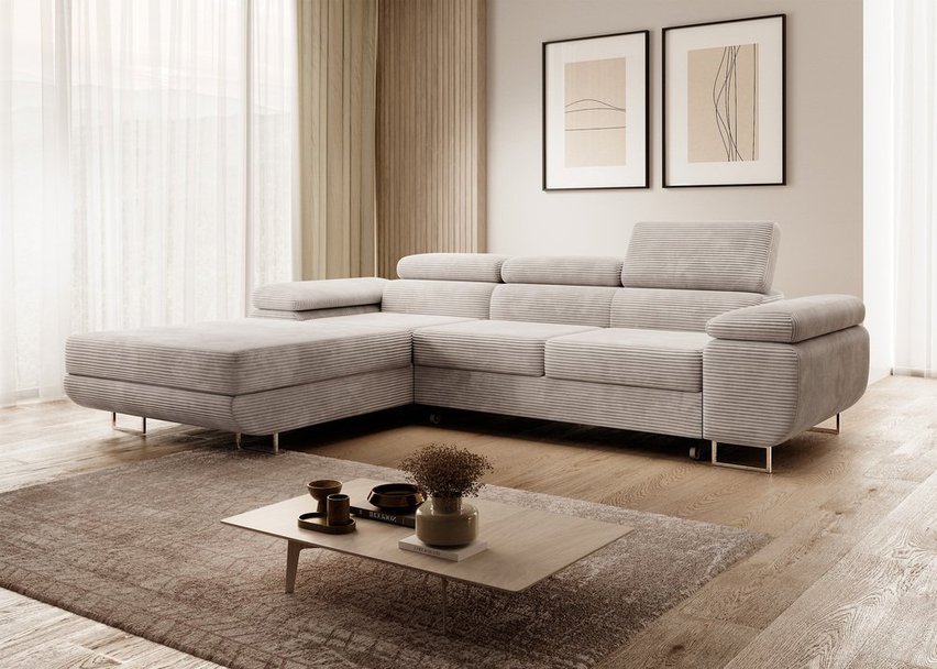 Ganta L-shaped corner sofa with sleeping function with Poso 100 container, left-hand corduroy