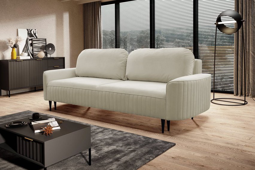 Sotira sofa bed with sleeping function and bedding container, cream velvet