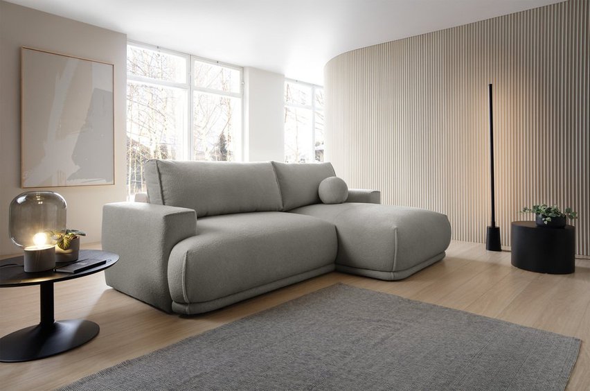 Divo Mini L-shaped corner sofa with sleeping function with a right-handed light gray boucle container