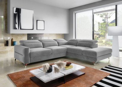 Pomello L-shaped corner sofa with sleeping function with storage and adjustable headrests Letto 85 easy-cleaning velvet right-hand side