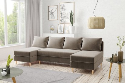 Corner sofa with sleeping function Squetta U-shaped with container universal Paros 03 velour