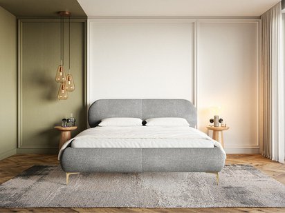 Upholstered bed 140x200 cm Ovalle with storage, metal frame, gray chenille, gold legs