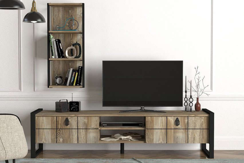 Korpinal walnut TV cabinet with wall shelf