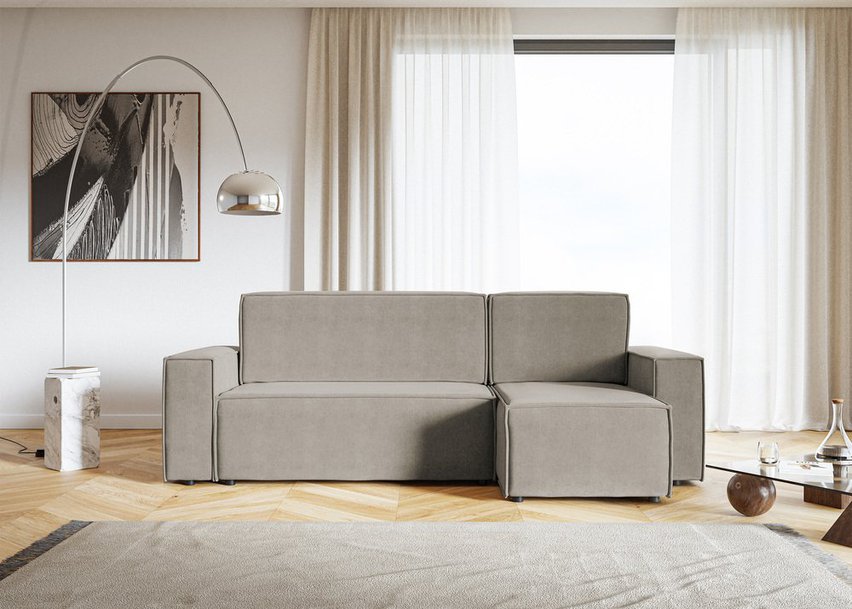 Copertino L-shaped corner sofa with sleeping function with storage, universal, gray-beige, hydrophobic velvet