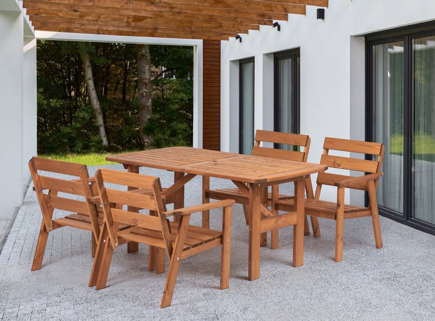 Wrotilm garden furniture set, pine wood, table with 4 chairs, honey