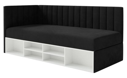Youth bed 90x200 cm Ventrio left side with container and shelves black hydrophobic velvet easy to clean