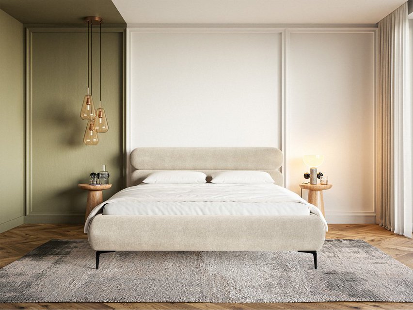 Upholstered bed 140x200 cm Roule with storage, metal frame Amon 17, hydrophobic velvet, black legs