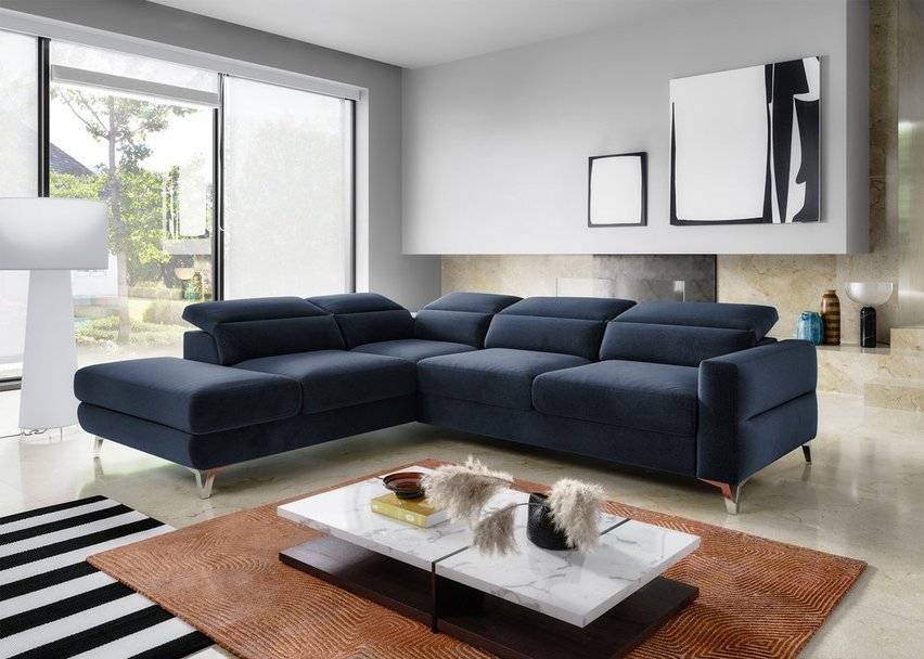 Pomello L-shaped corner sofa with sleeping function with storage and adjustable headrests Letto 79 easy-cleaning velvet left-hand side