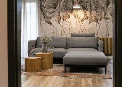 Solianero three-seater sofa with pouf, gray wickerwork