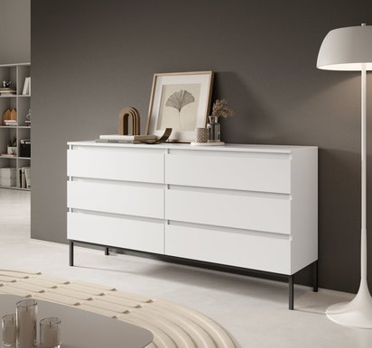 Bemmi white six-drawer chest of drawers with black legs