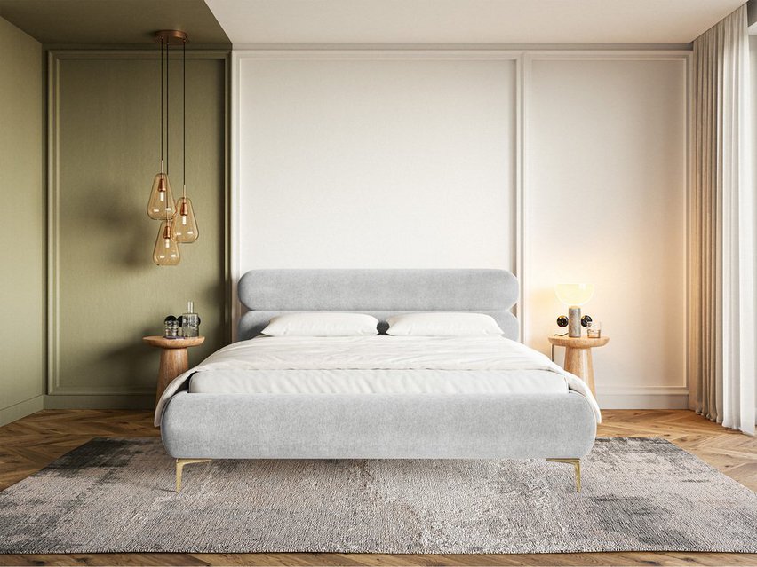 Upholstered bed 180x200 cm Roule with storage, metal frame Amon 09, hydrophobic velvet, gold legs