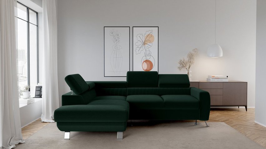 Bambito L-shaped corner sofa with sleeping function with storage and adjustable headrests, dark green hydrophobic velvet, left-hand side